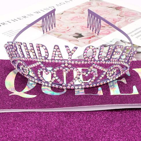 Cavetee Purple Queen Rhinestone Tiara and Sash - عيد ميلاد Tiara و Sash Party تفضل ديكورات بريق للنساء (رسالة متعددة الألوان) in Saudi Arabia
