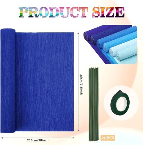 6 Rolls Crepe Paper Streamers, 10 Inch x 8 Feet Flower Making Kits with Floral Tape and Stem Wire for Birthday Party Wedding (Blue) in Kuwait
