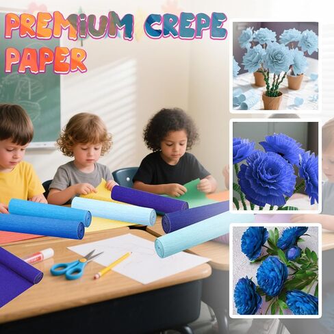 6 Rolls Crepe Paper Streamers, 10 Inch x 8 Feet Flower Making Kits with Floral Tape and Stem Wire for Birthday Party Wedding (Blue) in Kuwait
