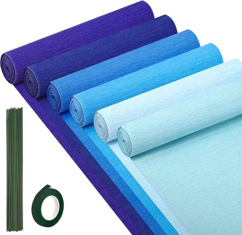 6 Rolls Crepe Paper Streamers, 10 Inch x 8 Feet Flower Making Kits with Floral Tape and Stem Wire for Birthday Party Wedding (Blue) in Kuwait