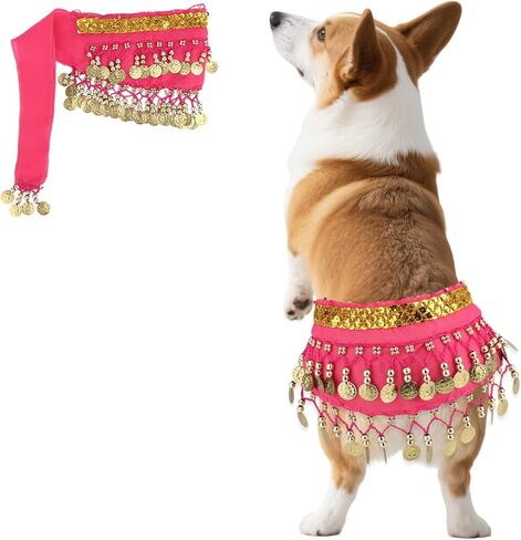 Dog Belly Dancer Skirt ، Bling Belly Dance Hip وشاح لـ Corgis الكلب التفاف مع الترتر من الترتر جرو للرقص الأليفة الأزياء لحفلات عيد الهالوين أداء الاحتفال (الوردي) in Kuwait