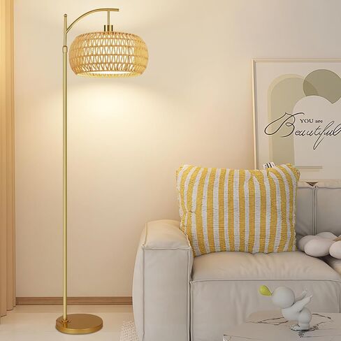 مصابيح الأرضية الذهبية لغرفة المعيشة بوهو راتان مصباح الأرض مع التحكم عن بعد ورسومات الخوص ، مصباح قائم بالذات عتيقة قابلة للوقوع مصباح طول طويل لغرفة نوم زاوية غرفة المعيشة in Kuwait