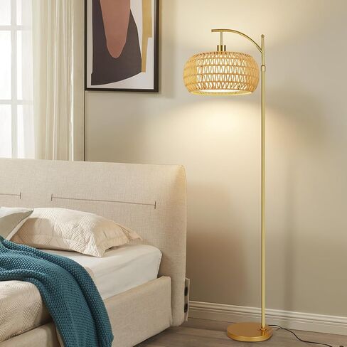 مصابيح الأرضية الذهبية لغرفة المعيشة بوهو راتان مصباح الأرض مع التحكم عن بعد ورسومات الخوص ، مصباح قائم بالذات عتيقة قابلة للوقوع مصباح طول طويل لغرفة نوم زاوية غرفة المعيشة in Kuwait