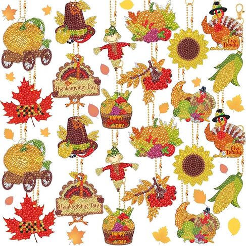 Outus 24 PCS Fall Diamond Artchain cheychain Kit Turkey Maple Acorn Acorn Diamond Art Ornaments 5D Diy Double Side Paint in Saudi Arabia