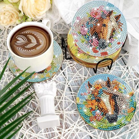 Coffee Diamond Art Coasters Kit, 8 Pcs Retro Diamond Painting Coaster with Holder and Cork Base, DIY Art Crafts Kits for Adults Beginners Coffee Lovers Home Café Table Decor in Saudi Arabia