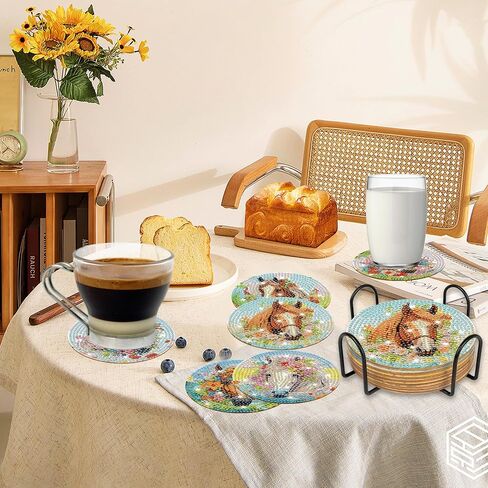 Coffee Diamond Art Coasters Kit, 8 Pcs Retro Diamond Painting Coaster with Holder and Cork Base, DIY Art Crafts Kits for Adults Beginners Coffee Lovers Home Café Table Decor in Saudi Arabia