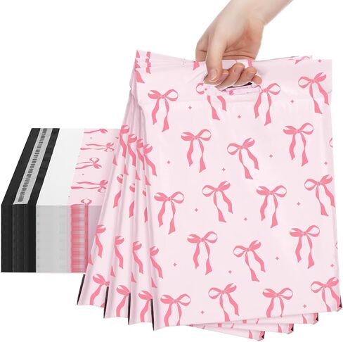 Honoson 200 Pcs Pink Bow Poly Mailer with Handle 10 x 13 Inch Designer Shipping Mailers Heavy Duty Waterproof Self Adhesive Shipping Bags for Large Mailing Envelopes Bulk Tear Resistant Packaging in Saudi Arabia