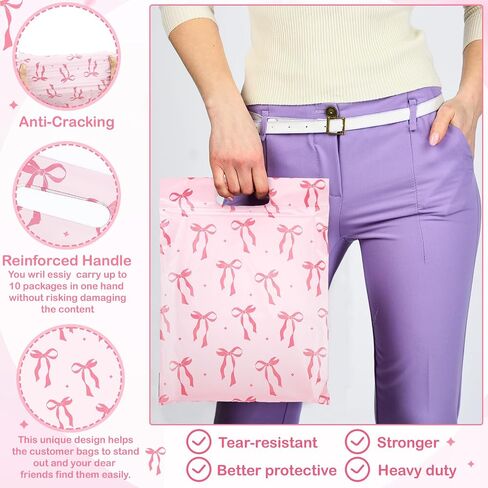 Honoson 200 Pcs Pink Bow Poly Mailer with Handle 10 x 13 Inch Designer Shipping Mailers Heavy Duty Waterproof Self Adhesive Shipping Bags for Large Mailing Envelopes Bulk Tear Resistant Packaging in Saudi Arabia