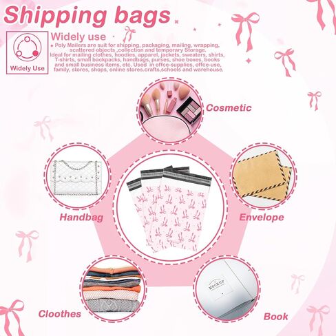 Honoson 200 Pcs Pink Bow Poly Mailer with Handle 10 x 13 Inch Designer Shipping Mailers Heavy Duty Waterproof Self Adhesive Shipping Bags for Large Mailing Envelopes Bulk Tear Resistant Packaging in Saudi Arabia
