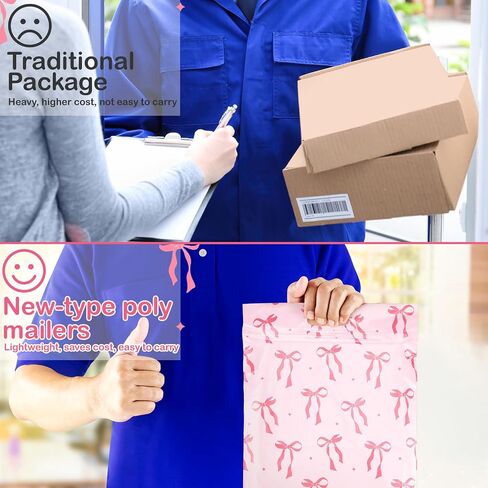 Honoson 200 Pcs Pink Bow Poly Mailer with Handle 10 x 13 Inch Designer Shipping Mailers Heavy Duty Waterproof Self Adhesive Shipping Bags for Large Mailing Envelopes Bulk Tear Resistant Packaging in Saudi Arabia