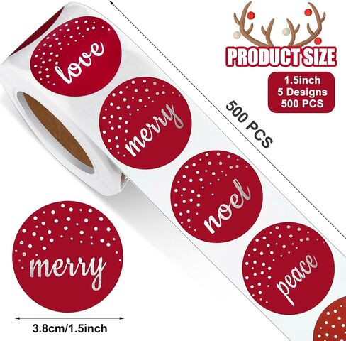 500 Pieces Merry Christmas Stickers Labels for Envelopes 1.5 Inch Joy Peace Love Red Christmas Foil Seal Stickers Roll Holiday Stickers Xmas Labels Roll for Greeting, Sealing, Gifting, Gift Decor in Saudi Arabia