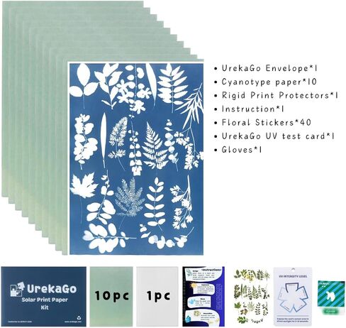 urekago cyanotype paper kit (8 "× 10") | 10 صفائح مسبقة مسبقًا ، 40 ملصقًا أزهارًا ، بطاقة فهرس الأشعة فوق البنفسجية ، حالة صافية صعبة ، قفاز ، تعليمي كرتون ، مظروف من الورق المقوى القابل لإعادة الاستخدام in Saudi Arabia