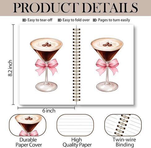Pink Bow Espresso Martini Decor Notebook Journal, Espresso Martini Gifts Spiral Notebook, Coquette Notebooks Gifts for Espresso Martini Lovers Girls, Pink Trendy Bow School Supplies, 6x8.2In in Saudi Arabia