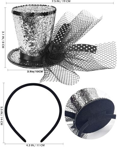 Silver Glitter Mini Top Hat on Headband with Veil for Women Gril Halloween Christmas New Year Stage Show Dress Up Carnival in Saudi Arabia