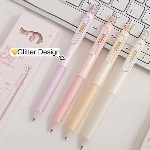 4 Pcs Cute Retractable Pens Cat Gel Pens Gliiter Aesthetic Pen 0.5mm Fine Point Black Ink Smooth Writing Kawaii Cartoon Kitty Pen for Women Girls Office School Supplies (4Pcs Gliiter Cat) in Saudi Arabia