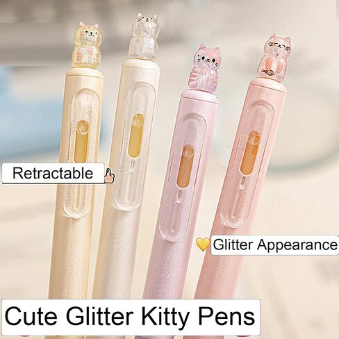 4 Pcs Cute Retractable Pens Cat Gel Pens Gliiter Aesthetic Pen 0.5mm Fine Point Black Ink Smooth Writing Kawaii Cartoon Kitty Pen for Women Girls Office School Supplies (4Pcs Gliiter Cat) in Saudi Arabia
