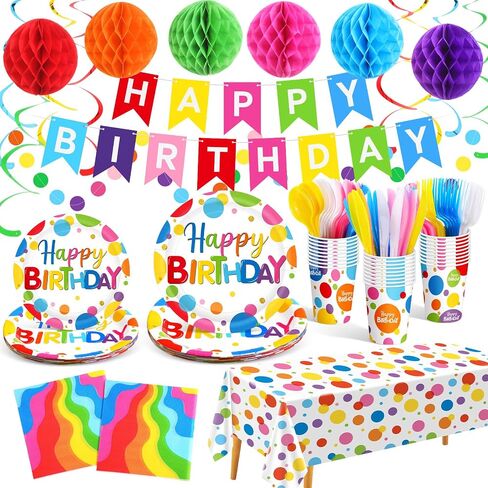 يخدم Zhehao 129 أجهزة كمبيوتر Happy Birthday Party Suppies مع لوحات مناديل Catlery Rainbow Dot Decortations مجموعة أدوات لافتة لافت in Saudi Arabia