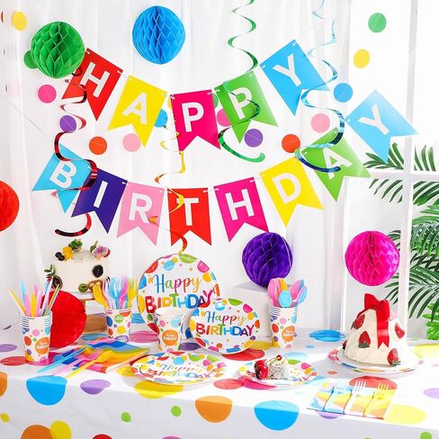يخدم Zhehao 129 أجهزة كمبيوتر Happy Birthday Party Suppies مع لوحات مناديل Catlery Rainbow Dot Decortations مجموعة أدوات لافتة لافت in Saudi Arabia