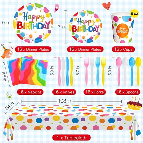 يخدم Zhehao 129 أجهزة كمبيوتر Happy Birthday Party Suppies مع لوحات مناديل Catlery Rainbow Dot Decortations مجموعة أدوات لافتة لافت in Saudi Arabia