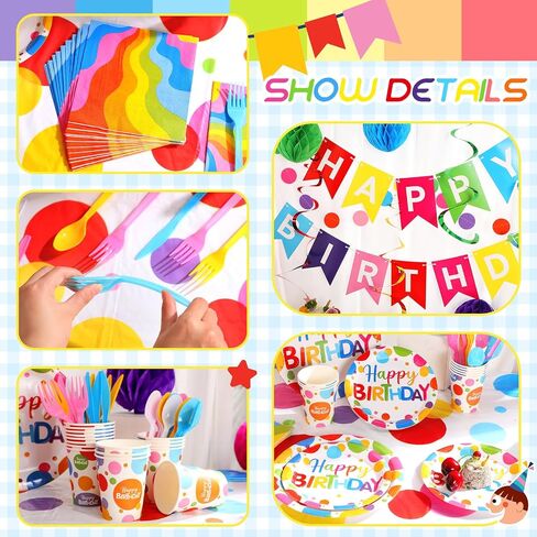 يخدم Zhehao 129 أجهزة كمبيوتر Happy Birthday Party Suppies مع لوحات مناديل Catlery Rainbow Dot Decortations مجموعة أدوات لافتة لافت in Saudi Arabia