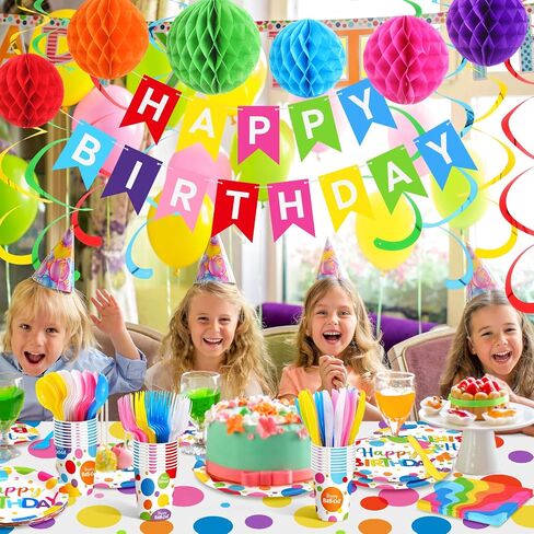 يخدم Zhehao 129 أجهزة كمبيوتر Happy Birthday Party Suppies مع لوحات مناديل Catlery Rainbow Dot Decortations مجموعة أدوات لافتة لافت in Saudi Arabia