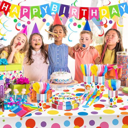 يخدم Zhehao 129 أجهزة كمبيوتر Happy Birthday Party Suppies مع لوحات مناديل Catlery Rainbow Dot Decortations مجموعة أدوات لافتة لافت in Saudi Arabia
