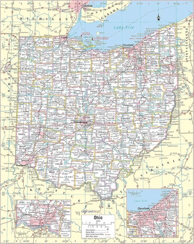 Cool Owl Maps Ohio State Wall Map Poster Large Print Rolled 24W"Hx30"H - Laminated in Saudi Arabia