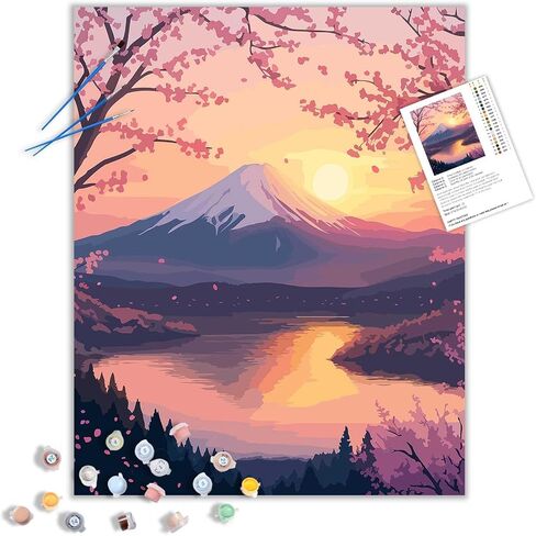 ARNLRDYA Mount Fuji Paint by Number Kits for Adults Beginner, Cherry Blossoms Paint by Numbers, Floral Sunset Acrylic Painting for Gift Home Decor(16×20inch, Unframe) in Kuwait
