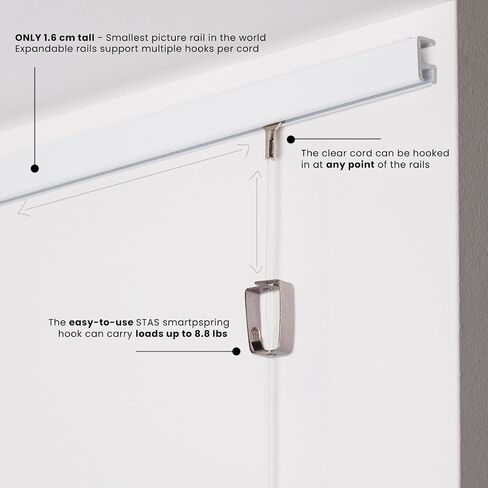 STAS Minirail Picture Hanging System Set - Covers 6.56 ft of Wall Space - Smallest Picture Rail & Art Hanging Gallery Kit for Art Display (White Rails, Includes 2 Hooks & Cords) in Saudi Arabia