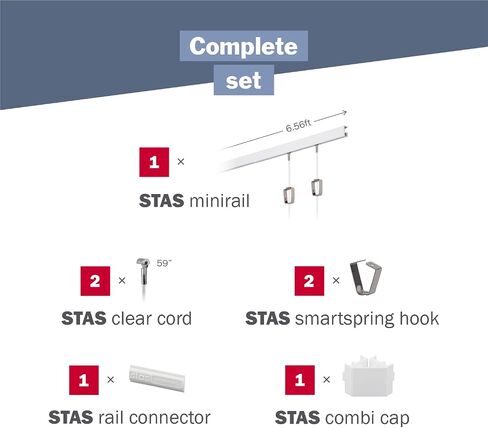STAS Minirail Picture Hanging System Set - Covers 6.56 ft of Wall Space - Smallest Picture Rail & Art Hanging Gallery Kit for Art Display (White Rails, Includes 2 Hooks & Cords) in Saudi Arabia