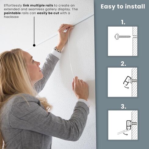 STAS Minirail Picture Hanging System Set - Covers 6.56 ft of Wall Space - Smallest Picture Rail & Art Hanging Gallery Kit for Art Display (White Rails, Includes 2 Hooks & Cords) in Saudi Arabia
