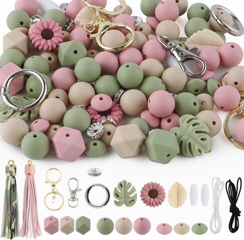 119Pcs Green 12mm 15mm Silicone Beads for Keychain Making,Leaf Sunflower Flower Silicone Focal Beads for Pens,Breakaway Clasps Tassels Keychains for Lanyard Making DIY Accessories in Saudi Arabia