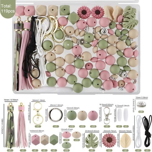 119Pcs Green 12mm 15mm Silicone Beads for Keychain Making,Leaf Sunflower Flower Silicone Focal Beads for Pens,Breakaway Clasps Tassels Keychains for Lanyard Making DIY Accessories in Saudi Arabia