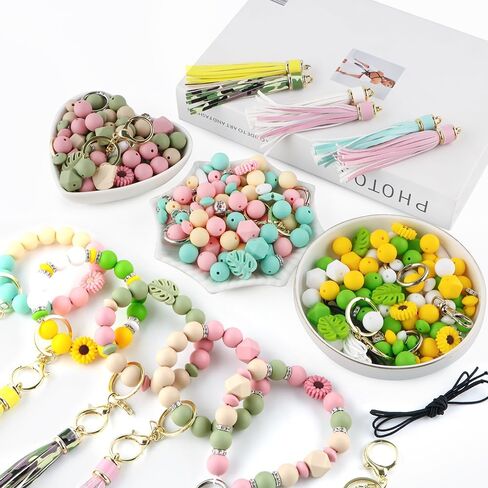119Pcs Green 12mm 15mm Silicone Beads for Keychain Making,Leaf Sunflower Flower Silicone Focal Beads for Pens,Breakaway Clasps Tassels Keychains for Lanyard Making DIY Accessories in Saudi Arabia