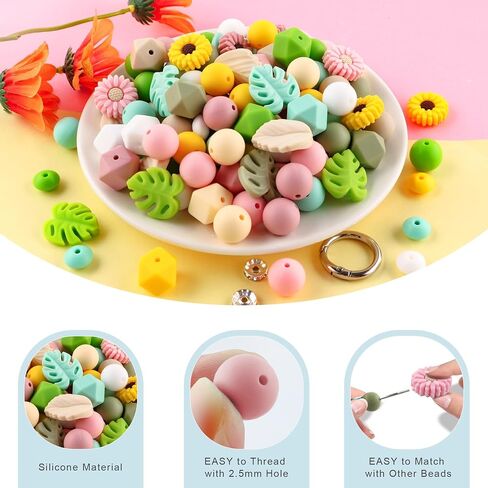 119Pcs Green 12mm 15mm Silicone Beads for Keychain Making,Leaf Sunflower Flower Silicone Focal Beads for Pens,Breakaway Clasps Tassels Keychains for Lanyard Making DIY Accessories in Saudi Arabia