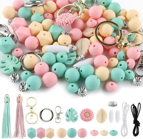 119Pcs Green 12mm 15mm Silicone Beads for Keychain Making,Leaf Sunflower Flower Silicone Focal Beads for Pens,Breakaway Clasps Tassels Keychains for Lanyard Making DIY Accessories in Saudi Arabia