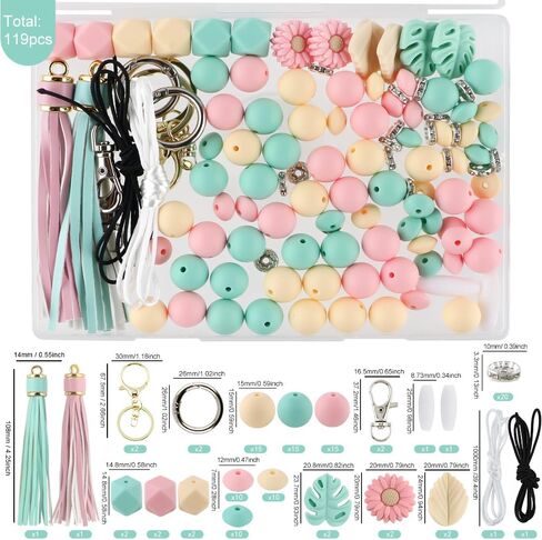 119Pcs Green 12mm 15mm Silicone Beads for Keychain Making,Leaf Sunflower Flower Silicone Focal Beads for Pens,Breakaway Clasps Tassels Keychains for Lanyard Making DIY Accessories in Saudi Arabia