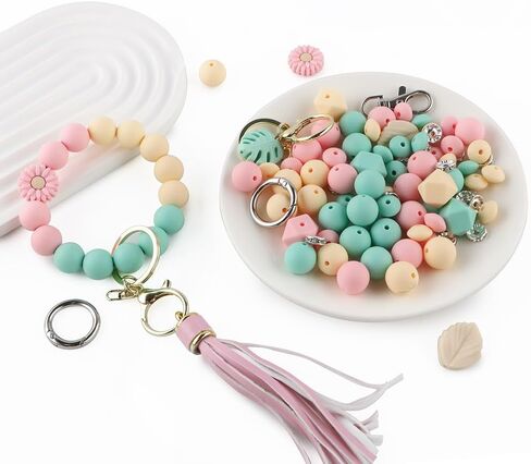 119Pcs Green 12mm 15mm Silicone Beads for Keychain Making,Leaf Sunflower Flower Silicone Focal Beads for Pens,Breakaway Clasps Tassels Keychains for Lanyard Making DIY Accessories in Saudi Arabia