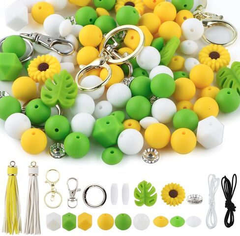 119Pcs Green 12mm 15mm Silicone Beads for Keychain Making,Leaf Sunflower Flower Silicone Focal Beads for Pens,Breakaway Clasps Tassels Keychains for Lanyard Making DIY Accessories in Saudi Arabia