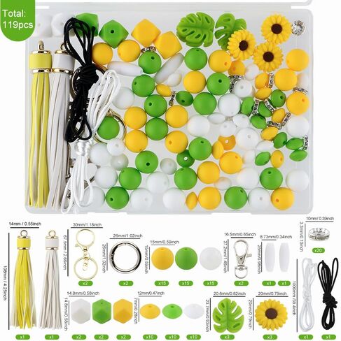 119Pcs Green 12mm 15mm Silicone Beads for Keychain Making,Leaf Sunflower Flower Silicone Focal Beads for Pens,Breakaway Clasps Tassels Keychains for Lanyard Making DIY Accessories in Saudi Arabia