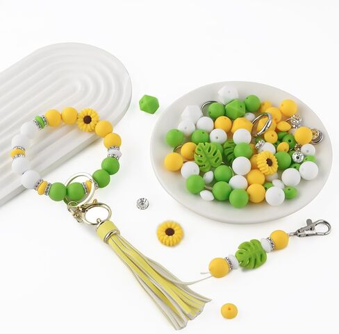 119Pcs Green 12mm 15mm Silicone Beads for Keychain Making,Leaf Sunflower Flower Silicone Focal Beads for Pens,Breakaway Clasps Tassels Keychains for Lanyard Making DIY Accessories in Saudi Arabia