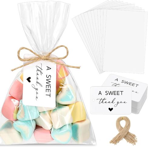 Yexiya 100 Set a Sweet Thank You Tags Candy Bags Wedding Favor Tags 4x6 Inches Cellophane Bags with String for Baby Shower Wedding Favor Labels Guest Welcome Bag Stuffers Bulk in Saudi Arabia