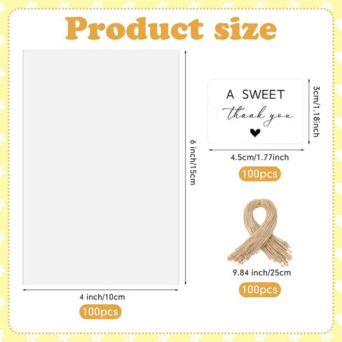 Yexiya 100 Set a Sweet Thank You Tags Candy Bags Wedding Favor Tags 4x6 Inches Cellophane Bags with String for Baby Shower Wedding Favor Labels Guest Welcome Bag Stuffers Bulk in Saudi Arabia