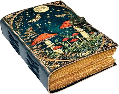 Grimoire Vintage Mushroom leather journal, Handmade Antique Deckle Edge Paper Spell Book of Shadows Celestial Witchcraft Supplies Diary, Wiccan Notebook, Mystical Gifts for Him & Her 7x5 Inch 200 Pages in Saudi Arabia