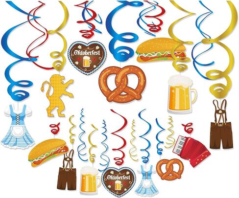 The Munich Oktoberfest Swirl Decorations,German Oktoberfest Party Hanging Whirl Streamers,Wiesenbier Party Supplies,Sausage,Beer,Gold Dress,Leather Pants Hanging Decorations for Party Together in Kuwait
