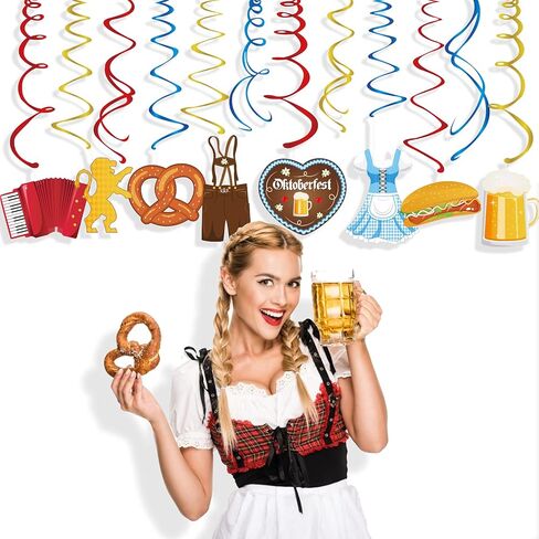 The Munich Oktoberfest Swirl Decorations,German Oktoberfest Party Hanging Whirl Streamers,Wiesenbier Party Supplies,Sausage,Beer,Gold Dress,Leather Pants Hanging Decorations for Party Together in Kuwait