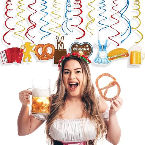 The Munich Oktoberfest Swirl Decorations,German Oktoberfest Party Hanging Whirl Streamers,Wiesenbier Party Supplies,Sausage,Beer,Gold Dress,Leather Pants Hanging Decorations for Party Together in Kuwait