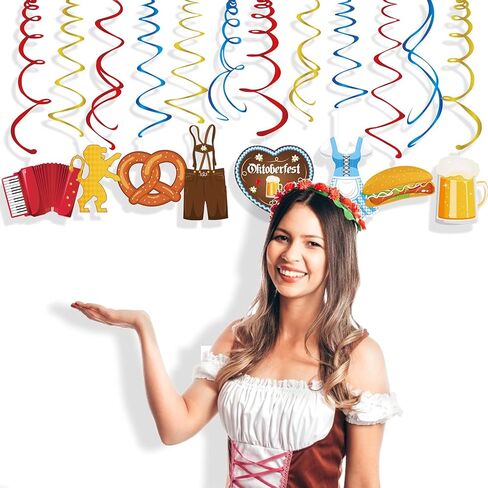 The Munich Oktoberfest Swirl Decorations,German Oktoberfest Party Hanging Whirl Streamers,Wiesenbier Party Supplies,Sausage,Beer,Gold Dress,Leather Pants Hanging Decorations for Party Together in Kuwait
