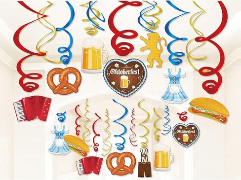 The Munich Oktoberfest Swirl Decorations,German Oktoberfest Party Hanging Whirl Streamers,Wiesenbier Party Supplies,Sausage,Beer,Gold Dress,Leather Pants Hanging Decorations for Party Together in Kuwait