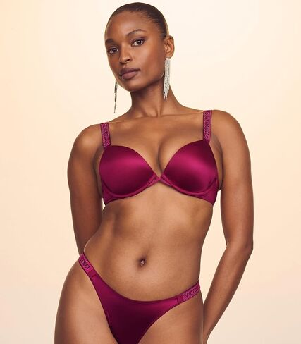 Victoria's Secret Shine Strap Push Up Bra, Adds One Cup Size, Padded, Plunge Neckline, Lace, Bras for Women, Very Sexy Collection, Black Monogram (32C) in Saudi Arabia